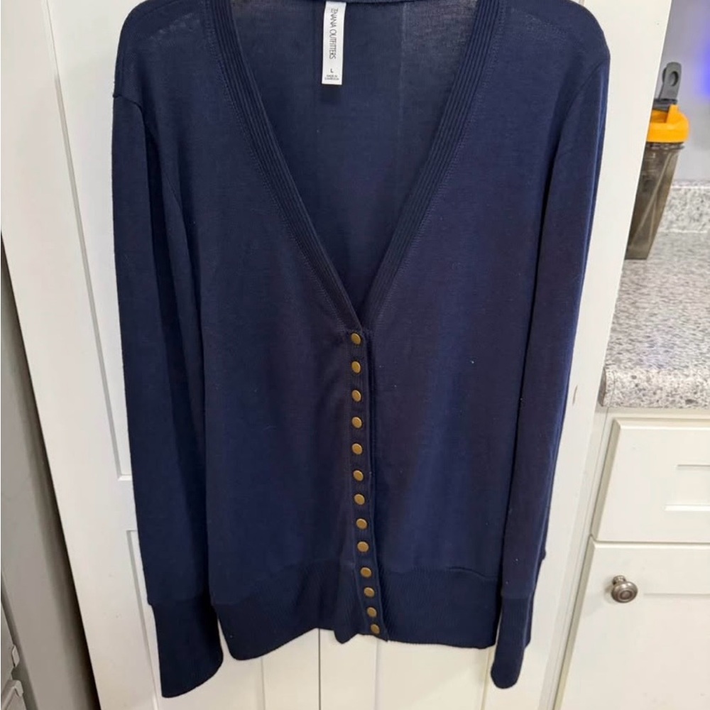 Zenana Outfitters Navy Button-Front V-Neck Cardigan